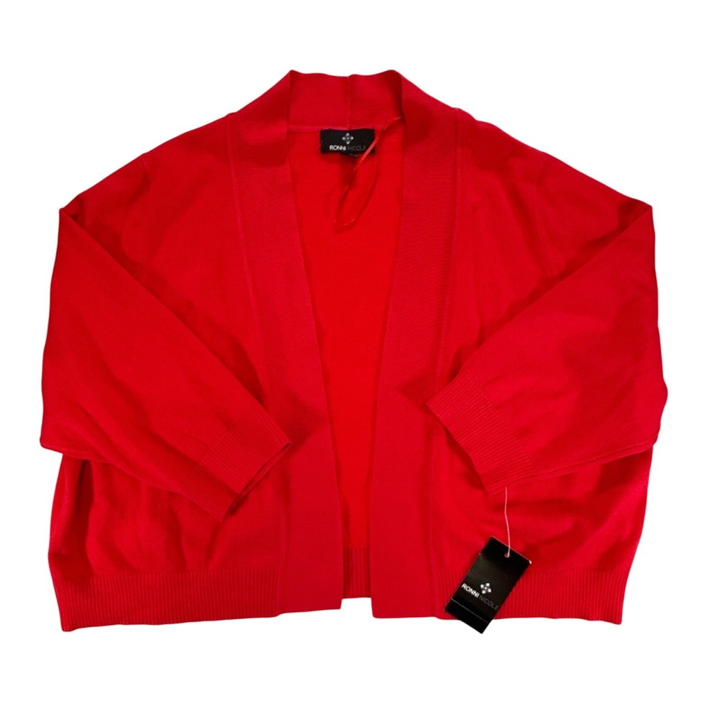 Ronni Nicole Red Open Front Cardigan Sweater Womens 2X New 3/4 Sleeve Cropped